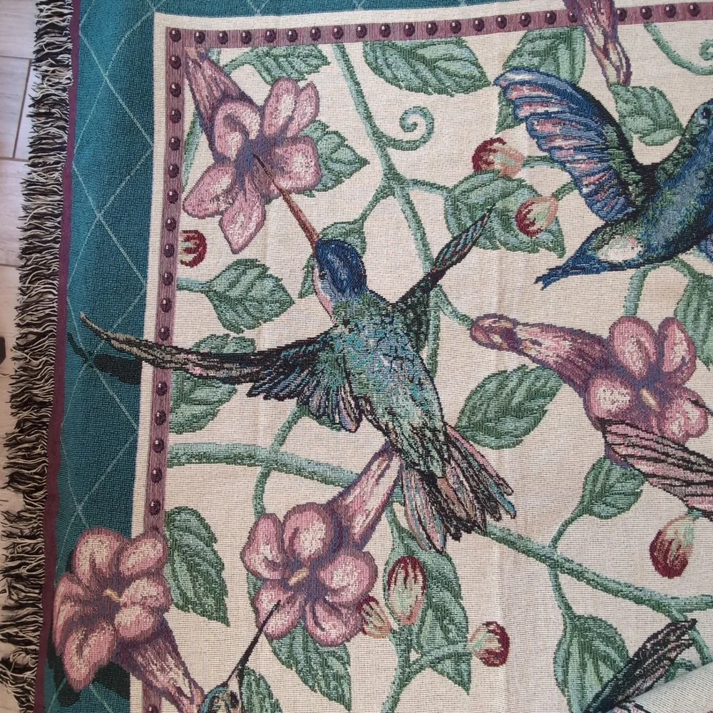Dan Gilbert Hummingbird Tapestry Throw Blanket Teal Floral Fringe Cottagecore